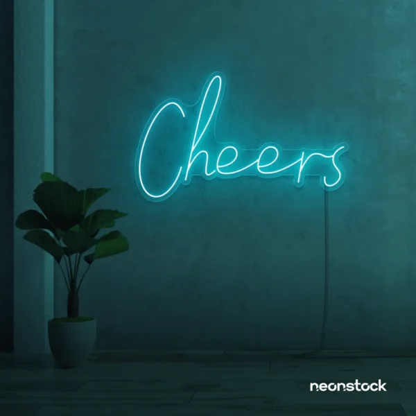 Cheers neon sign in mint green for weddings, parties, and event decor.