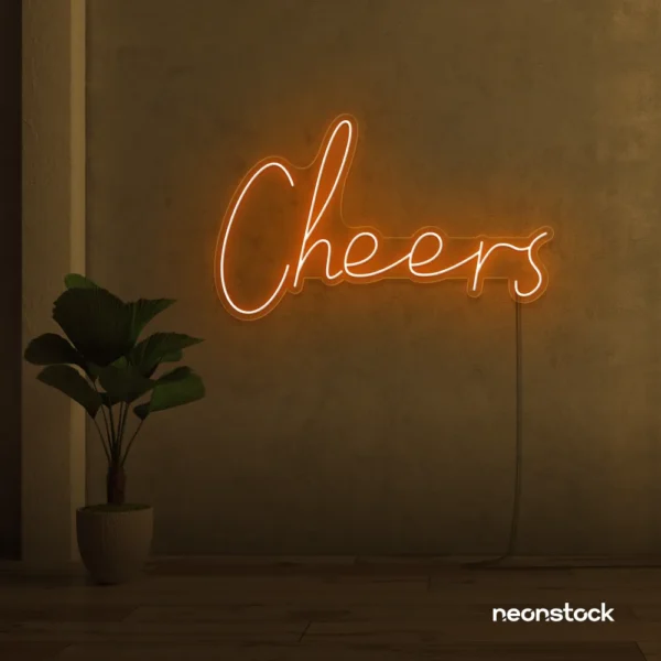 Cheers neon sign in orange for weddings, parties, and event decor.