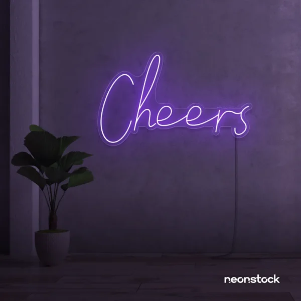 Cheers neon sign in purple for weddings, parties, and event decor.