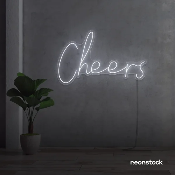 Cheers neon sign in white for weddings, parties, and event decor.
