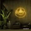 Latte cup neon sign in golden yellow for coffee shops, cafes, and kitchen wall decor.