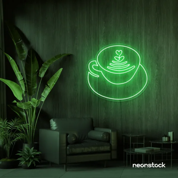 Latte cup neon sign in green for coffee shops, cafes, and kitchen wall decor.