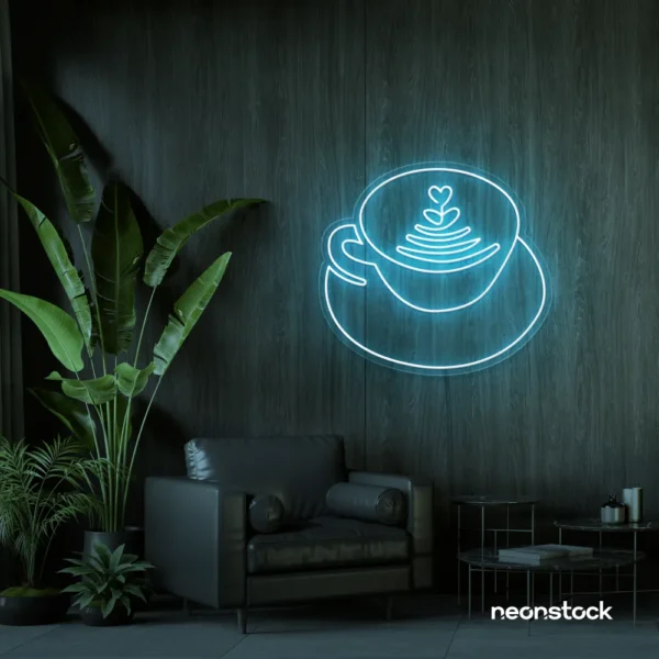 Latte cup neon sign in ice blue for coffee shops, cafes, and kitchen wall decor.