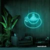 Latte cup neon sign in mint green for coffee shops, cafes, and kitchen wall decor.