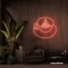Latte cup neon sign in peachy pink for coffee shops, cafes, and kitchen wall decor.