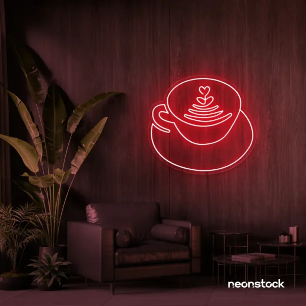 Latte cup neon sign in red for coffee shops, cafes, and kitchen wall decor.