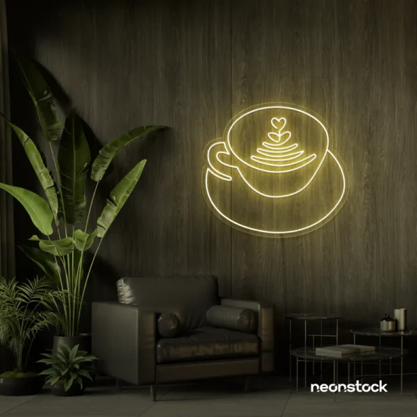 Latte cup neon sign in warm white for coffee shops, cafes, and kitchen wall decor.