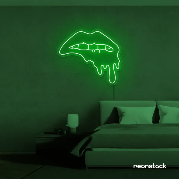 Drip lip neon sign in deep green for glam rooms, modern wall art, and beauty salon decor.