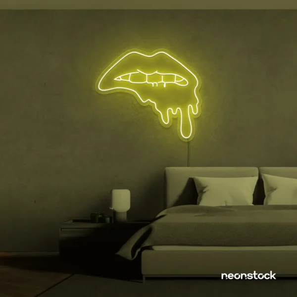 Drip lip neon sign in lemon yellow for glam rooms, modern wall art, and beauty salon decor.