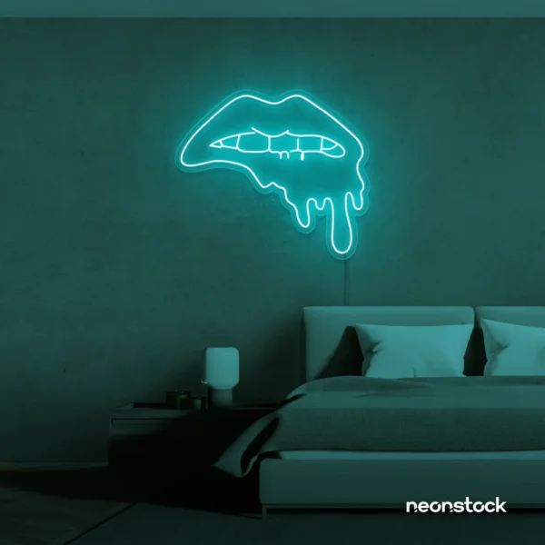 Drip lip neon sign in mint green for glam rooms, modern wall art, and beauty salon decor.