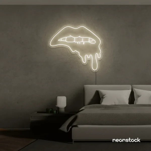 Drip lip neon sign in neutral white for glam rooms, modern wall art, and beauty salon decor.