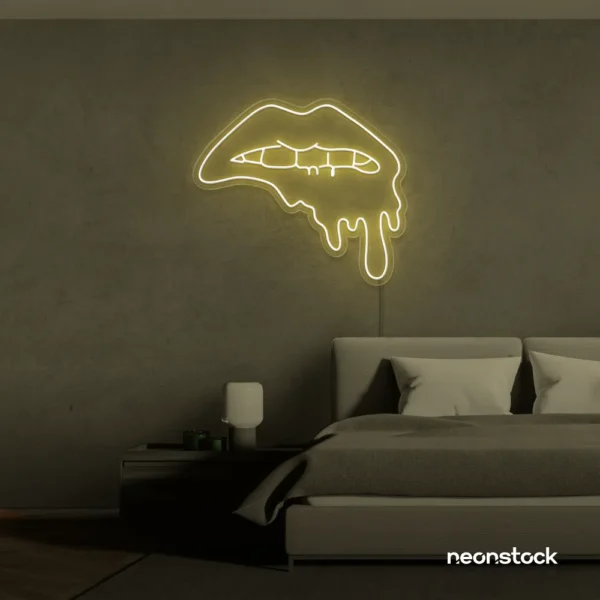 Drip lip neon sign in warm white for glam rooms, modern wall art, and beauty salon decor.