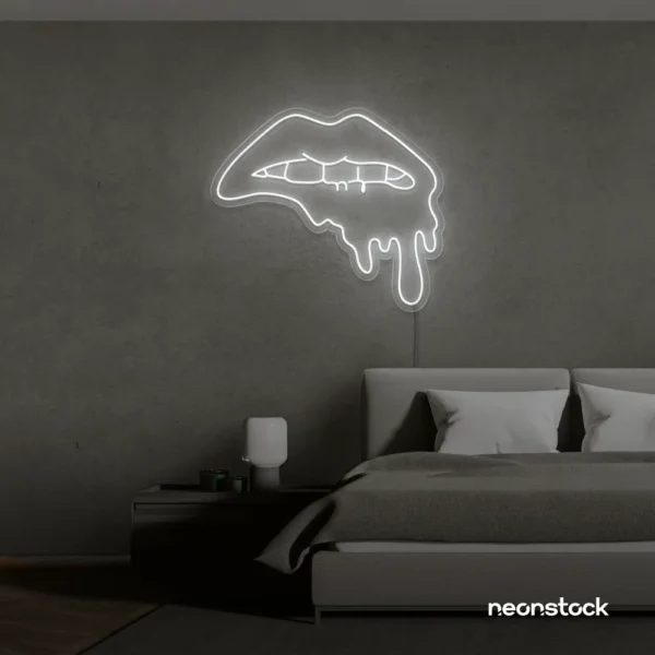 Drip lip neon sign in white for glam rooms, modern wall art, and beauty salon decor.