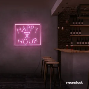 Happy Hour neon sign in baby pink for bars, lounges, and home parties.