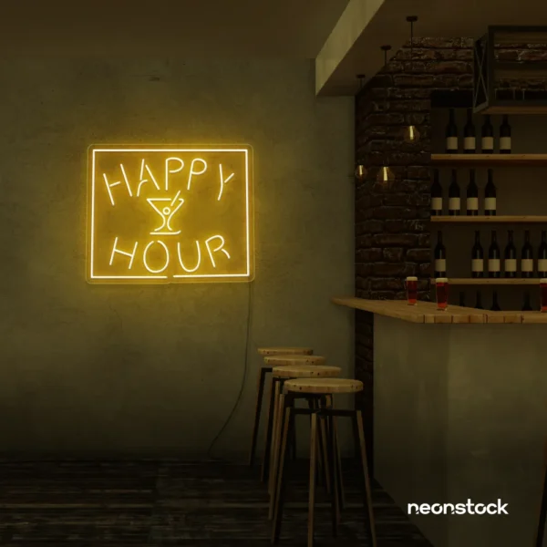 Happy Hour neon sign in golden yellow for bars, lounges, and home parties.
