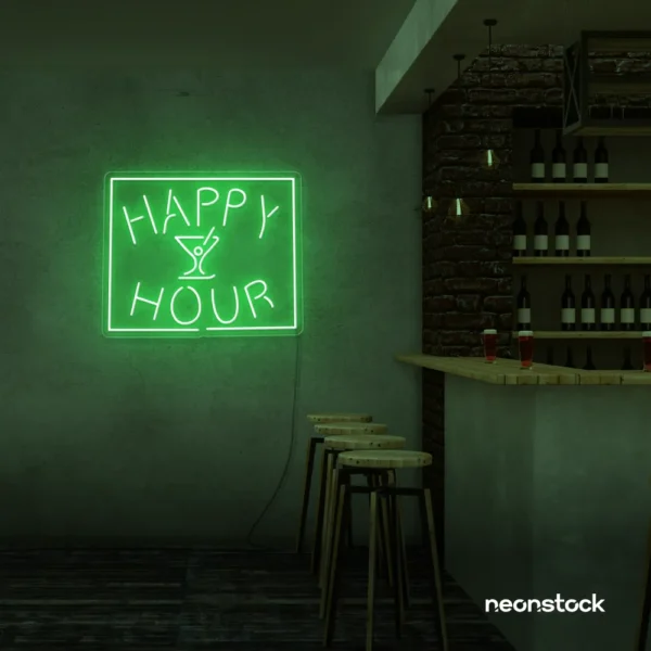 Happy Hour neon sign in green for bars, lounges, and home parties.