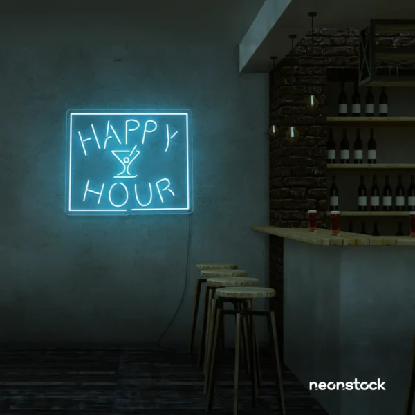 Happy Hour neon sign in ice blue for bars, lounges, and home parties.