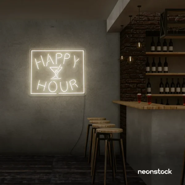 Happy Hour neon sign in neutral white for bars, lounges, and home parties.