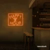 Happy Hour neon sign in orange for bars, lounges, and home parties.
