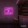 Happy Hour neon sign in pink for bars, lounges, and home parties.