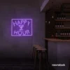 Happy Hour neon sign in purple for bars, lounges, and home parties.