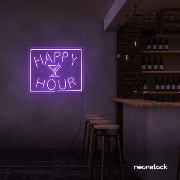Happy Hour neon sign in purple for bars, lounges, and home parties.