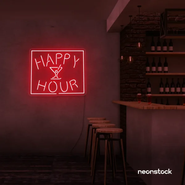 Happy Hour neon sign in red for bars, lounges, and home parties.