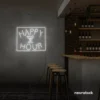 Happy Hour neon sign in white for bars, lounges, and home parties.