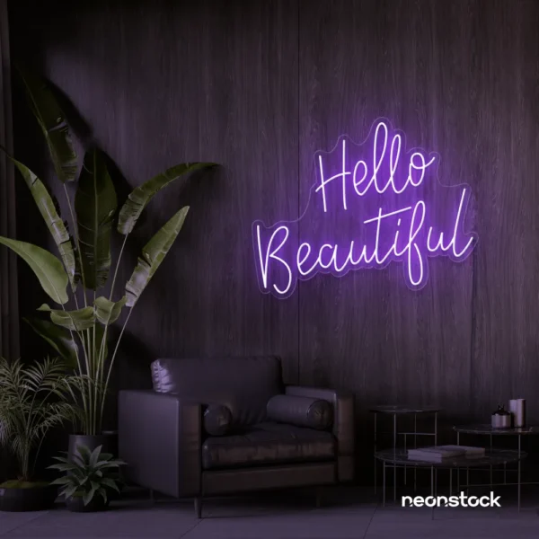 Hello Beautiful neon sign in purple script font for salon styling walls and glam vanity decor.