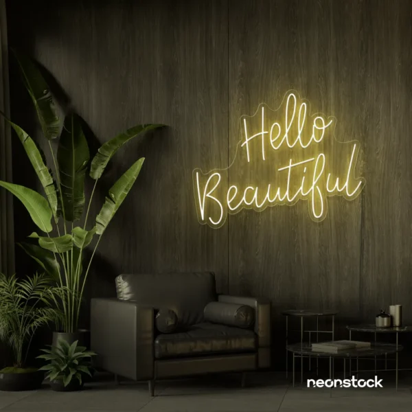 Hello Beautiful neon sign in warm white script font for salon styling walls and glam vanity decor.