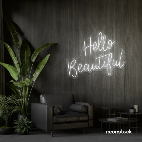 Hello Beautiful neon sign in white script font for salon styling walls and glam vanity decor.