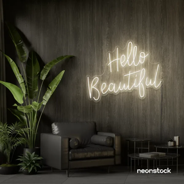 Hello Beautiful neon sign in neutral white script font for salon styling walls and glam vanity decor.