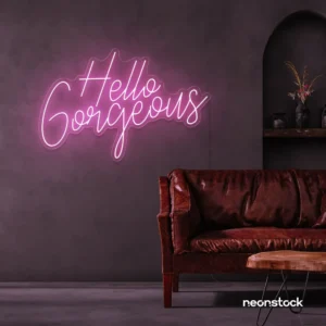 Hello Gorgeous neon sign in baby pink for beauty salons, home vanity walls, and glam room decor.