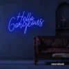Hello Gorgeous neon sign in dark blue for beauty salons, home vanity walls, and glam room decor.