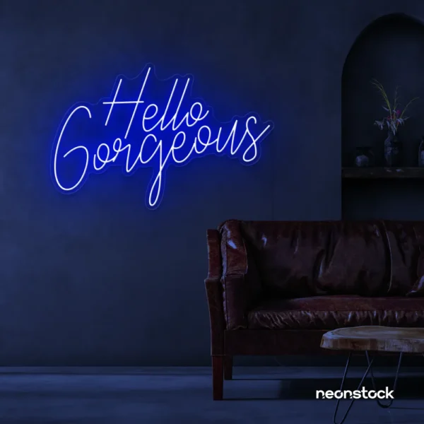 Hello Gorgeous neon sign in dark blue for beauty salons, home vanity walls, and glam room decor.