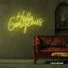 Hello Gorgeous neon sign in lemon yellow for beauty salons, home vanity walls, and glam room decor.