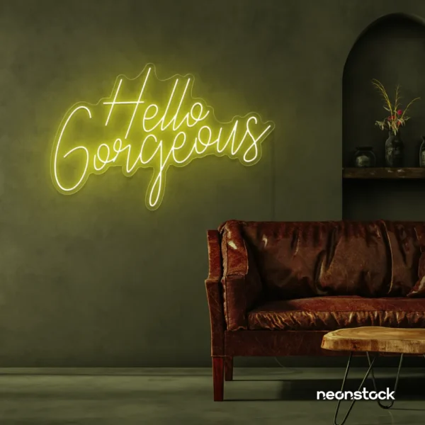 Hello Gorgeous neon sign in lemon yellow for beauty salons, home vanity walls, and glam room decor.