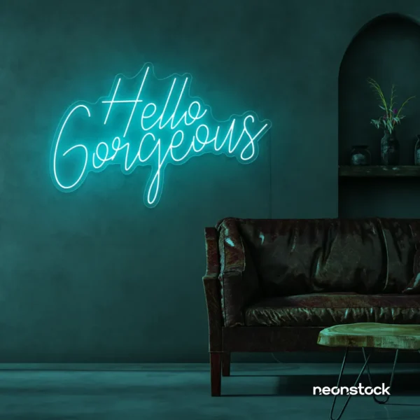 Hello Gorgeous neon sign in mint green for beauty salons, home vanity walls, and glam room decor.