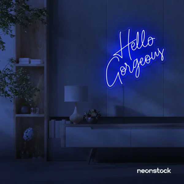 Hello Gorgeous neon sign (script font) in dark blue for salons, vanity walls, and glam rooms.