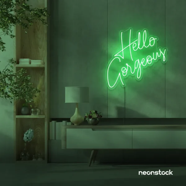 Hello Gorgeous neon sign (script font) in green for salons, vanity walls, and glam rooms.