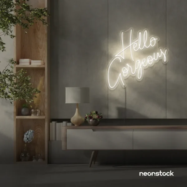 Hello Gorgeous neon sign (script font) in neutral white for salons, vanity walls, and glam rooms.