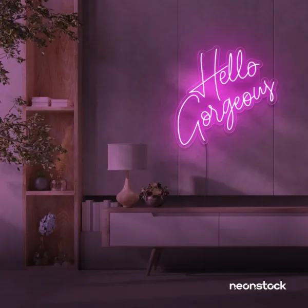 Hello Gorgeous neon sign (script font) in pink for salons, vanity walls, and glam rooms.