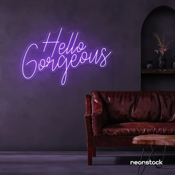 Hello Gorgeous neon sign in purple for beauty salons, home vanity walls, and glam room decor.