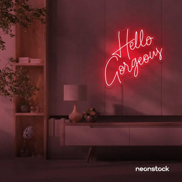 Hello Gorgeous neon sign (script font) in red for salons, vanity walls, and glam rooms.
