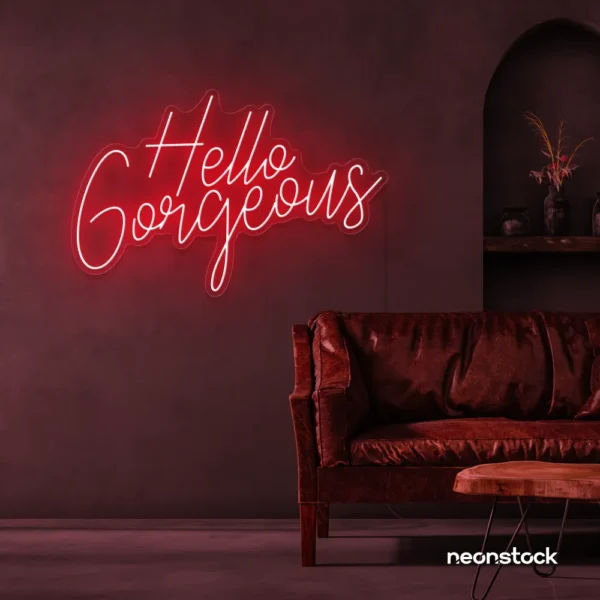Hello Gorgeous neon sign in red for beauty salons, home vanity walls, and glam room decor.
