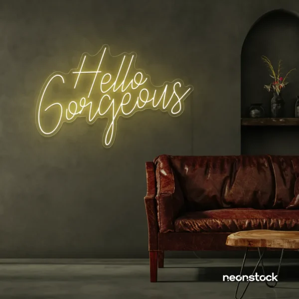 Hello Gorgeous neon sign in warm white for beauty salons, home vanity walls, and glam room decor.