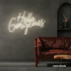 Hello Gorgeous neon sign in neutral white for beauty salons, home vanity walls, and glam room decor.