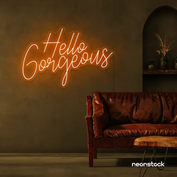 Hello Gorgeous neon sign in orange for beauty salons, home vanity walls, and glam room decor.