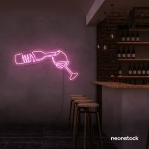 Wine bottle and glass neon sign in baby pink â€“ perfect for wine bars, restaurants, or kitchen wall decor.