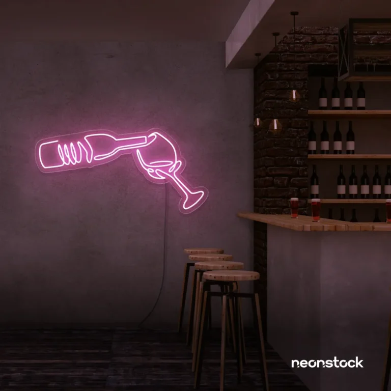 Wine bottle and glass neon sign in baby pink â€“ perfect for wine bars, restaurants, or kitchen wall decor.